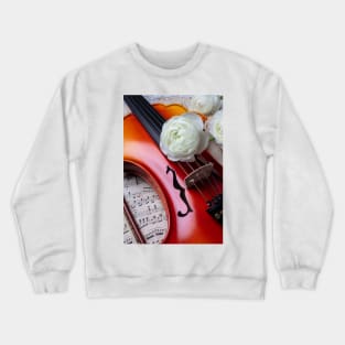 White  Ranunculus On Baroque Violin Crewneck Sweatshirt